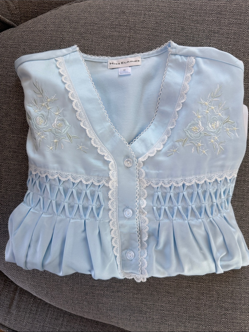 Miss Elaine Baby Blue Lace-Trim Embroidered Nightgown
